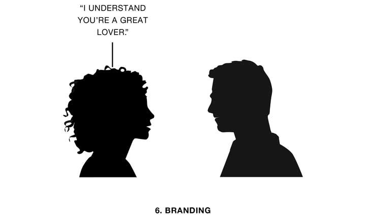 illustration of a woman saying to a man 'I understand you're a great lover