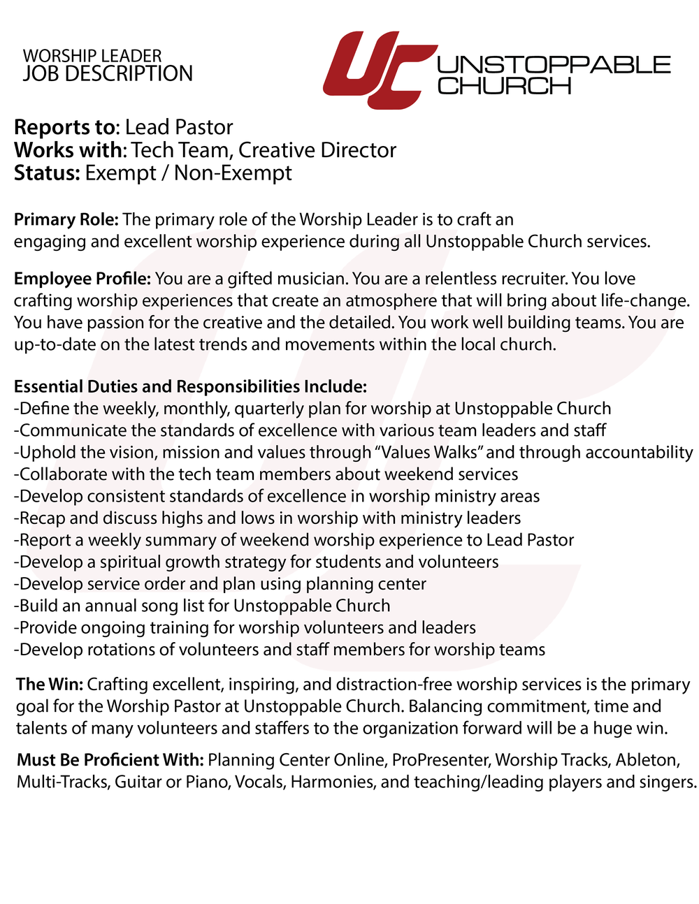 Church ministry leadership job descriptions