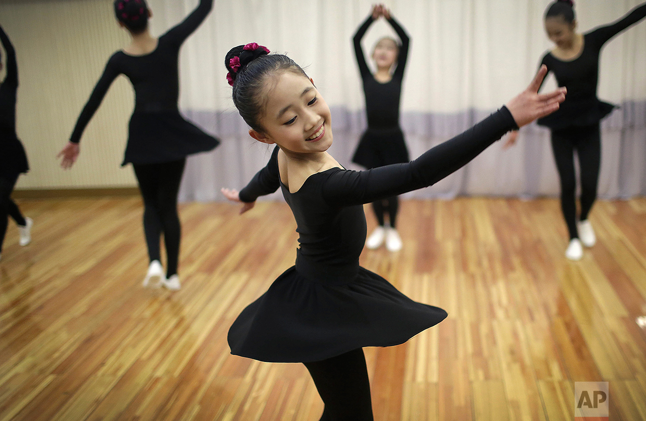 North Korean schoolgirls attend a dance class at the Mangyongdae Children's Palace on Friday, April 14, 2017, in Pyongyang, North Korea. (AP Photo/Wong Maye-E)