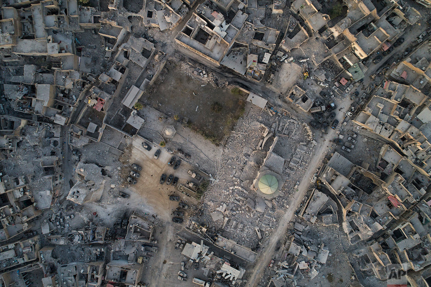 In this July 4, 2017 photo, aerial view of the heavily damaged al-Nuri mosque in the Old City of Mosul, Iraq. (AP Photo/Felipe Dana)