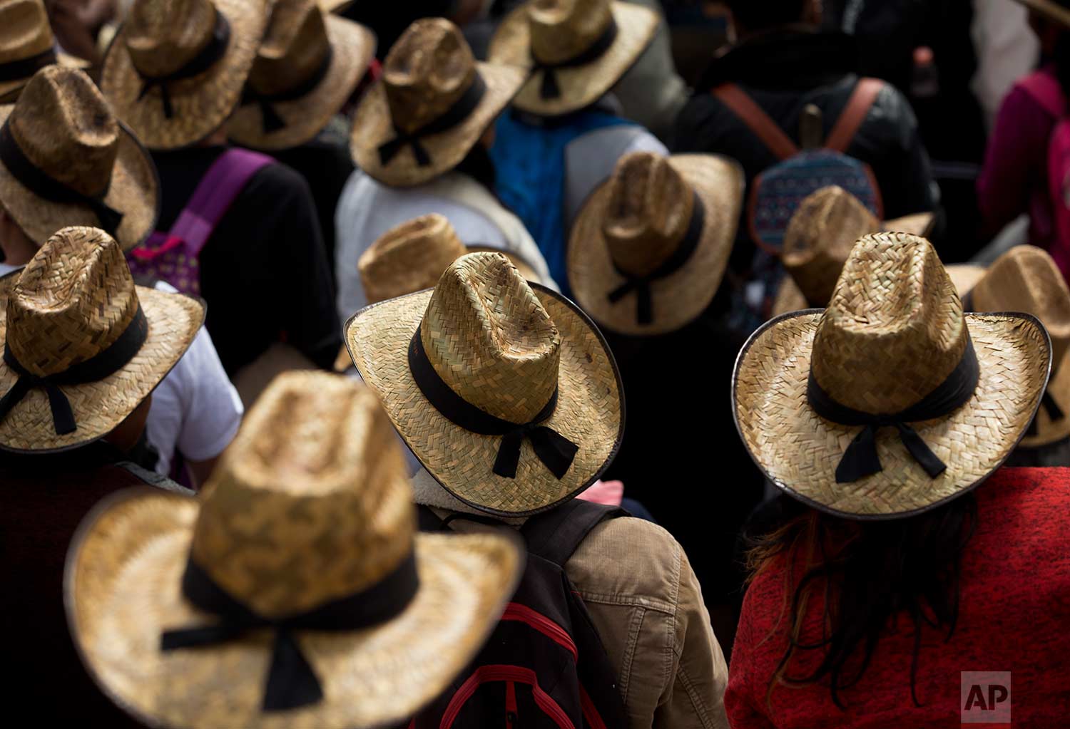 Farmers wearing straw hats take part in a march protesting the North American Free Trade Agreement in Mexico City, Wednesday, July 26, 2017. (AP Photo/Rebecca Blackwell)