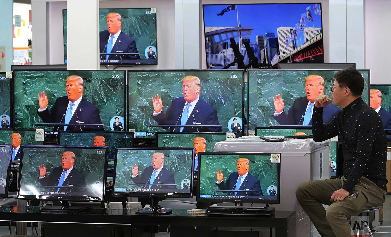 Television screens show a news program with an image of U.S. President Donald Trump during his address at the U.N. General Assembly, at the Yongsan Electronic Market in Seoul, South Korea, Wednesday, Sept. 20, 2017. On Friday, Sept. 22, 2017. North Korean leader Kim Jong Un lobbed a string of insults at Trump, calling him a "mentally deranged U.S. dotard" and hinting at a frightening new weapon test. (AP Photo/Ahn Young-joon)