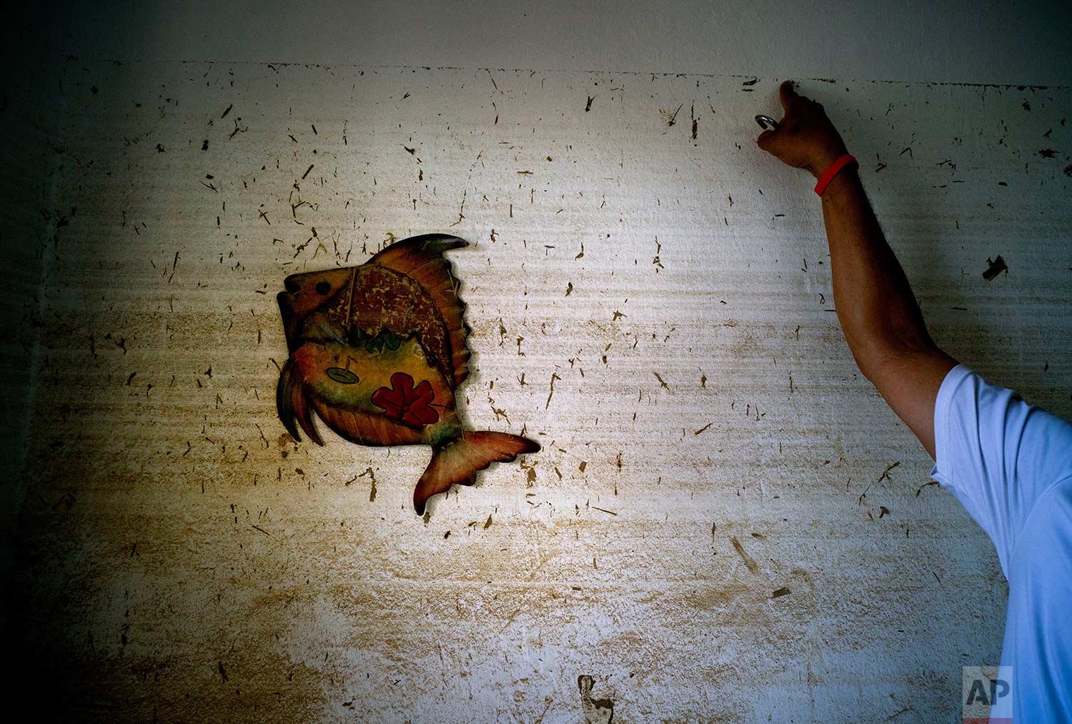  In this Thursday, Oct. 12, 2017 photo, Eduardo Pagan Figueroa points to the wall of his home where floodwaters reached, brought by Hurricane Maria in Toa Baja, Puerto Rico. (AP Photo/Ramon Espinosa) 