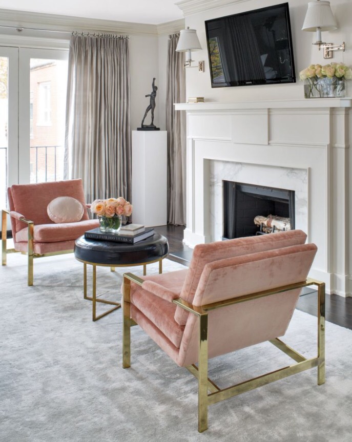  Designer  Wendy Labrum  added vintage 951 lounge chairs in palest blush velvet to this master bedroom lounge area. photo: Meghan Belerie O'Brien. 