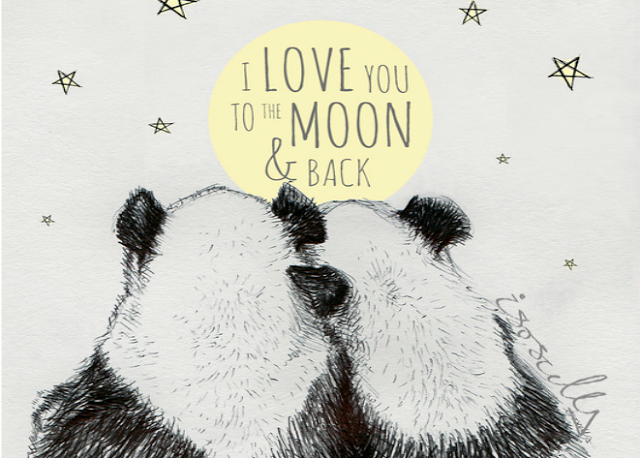 Biro sketch drawing illustration panda love to moon and back