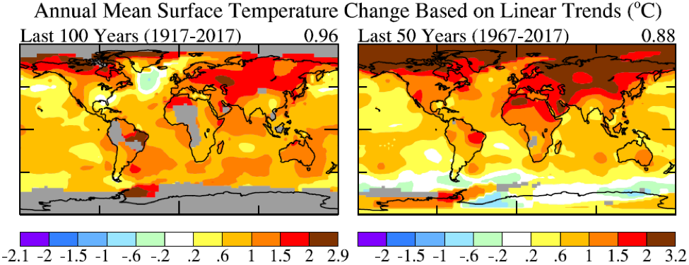 Fig. A3.  Global temperature in the past 100 and past 50 years based on local linear trends. 