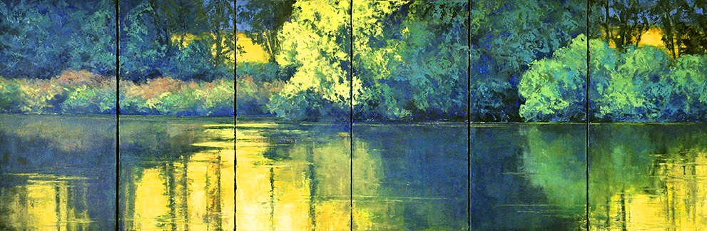 It let to this 20x60" 6-panel painting. I was interested in doing a very green refections scene.