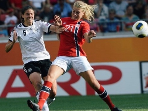 Annike Krahn of Germany in action with Ada Hegerberg when she still played for Norway during the Euros 2013