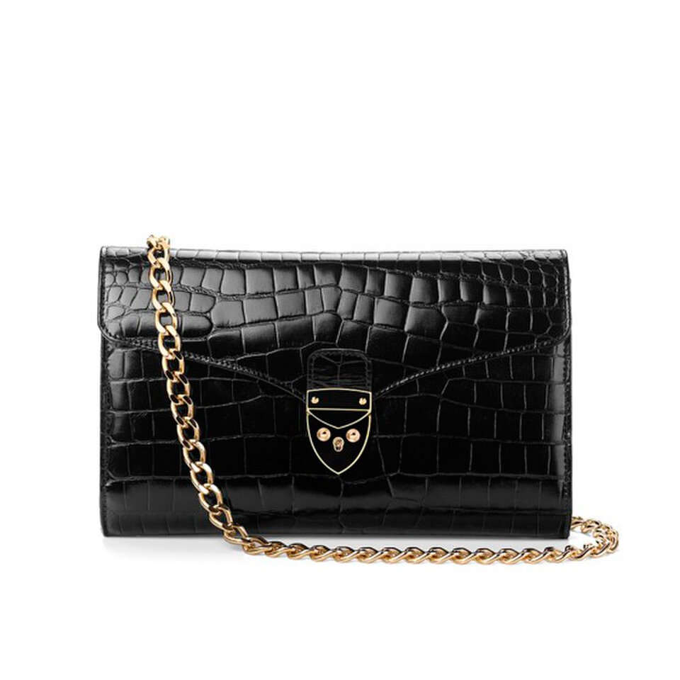 Aspinal of London Manhattan Clutch in Black Crocodile Textured Leather ...