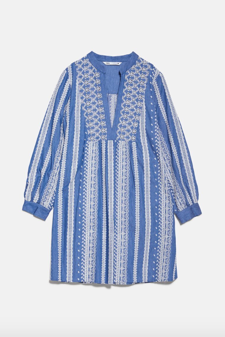 blue embroidered dress zara