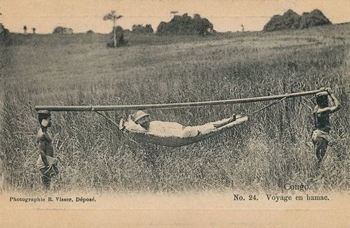 Travel by hammock in French Congo.