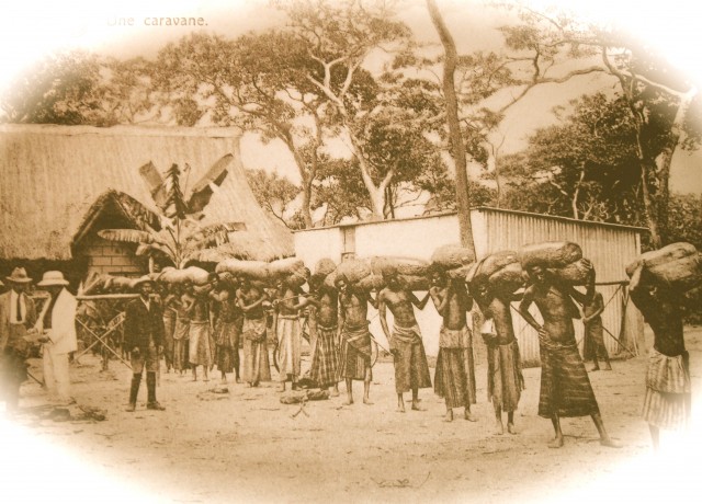 A train of porters about to depart in the Belgian Congo, c. 1900.