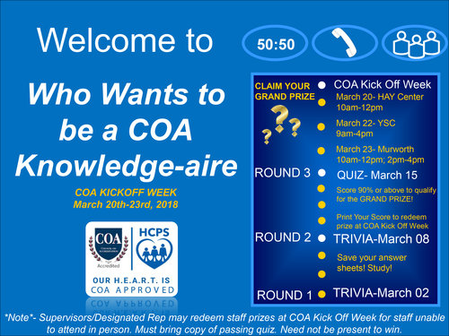 SAVE THE DATE-WHO WANTS TO BE A COA KNOWLEDGE-AIRE Kickoff event flyer