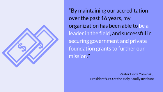 "By maintaining our accreditation over the past 16 years, my organization has been able to be a leader in the field, and successful in securing government and private foundation grants to further our mission." -Sister Linda Yankoski, President/CEO of the Holy Family Institute 