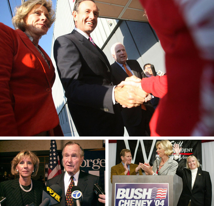 Top: Gubernatorial candidate Dick DeVos shakes hands while campaigning with wife Betsy and Arizona Senator John McCain. Bottom left: Betsy DeVos and President George H.W. Bush at a 2000 campaign fundraiser for George W. Bush. Bottom right: In 2004, Betsy DeVos campaigns with Representatives Mike Rogers and Candice Miller. | Regina H. Boone/TNS/ZUMAPRESS.com; AP Photos