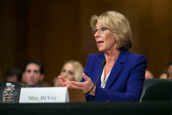 Betsy DeVos at her confirmation hearing. Credit Al Drago/The New York Times