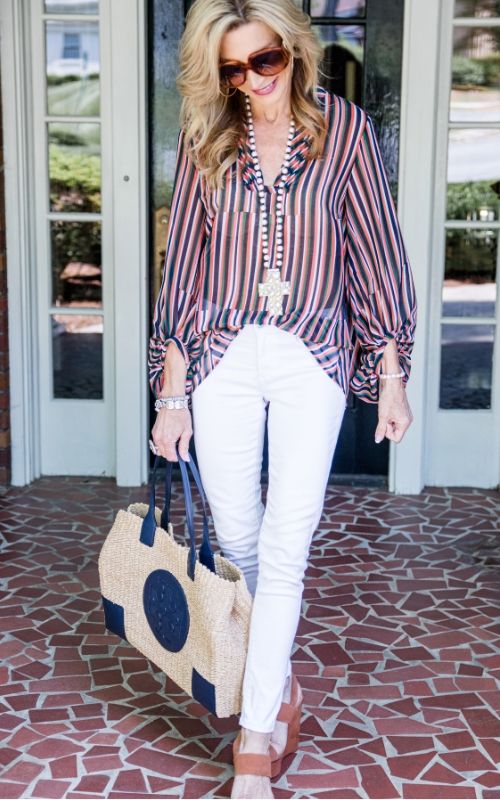 Two Cabi Tops, Two Tory Burch Bags, Styled with White Jeans — Crazy ...