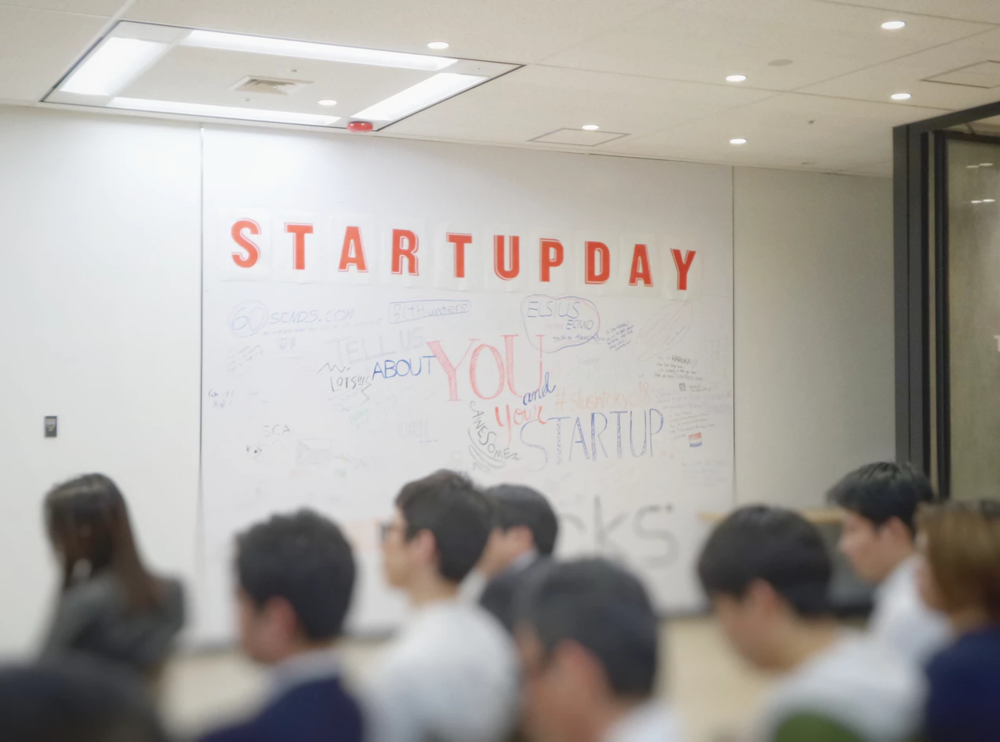 group of workers in front of a motivational startup day board