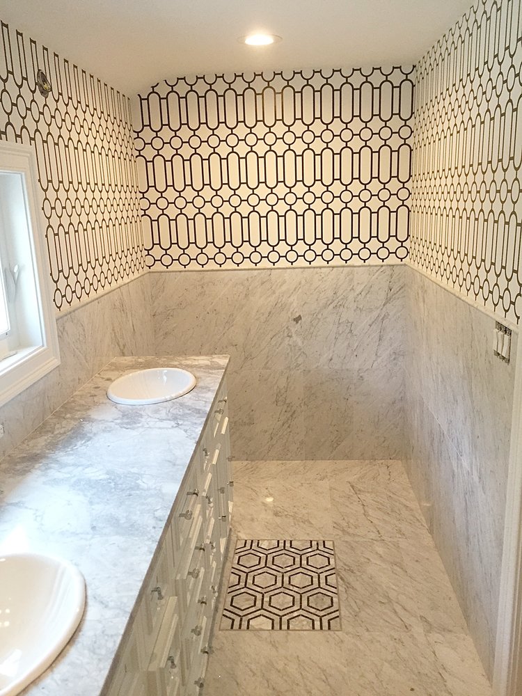 Master bath: Wallpaper done, sinks in! 
