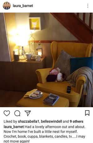 woman's instagram post of her "nest" she's built to relax in for the evening
