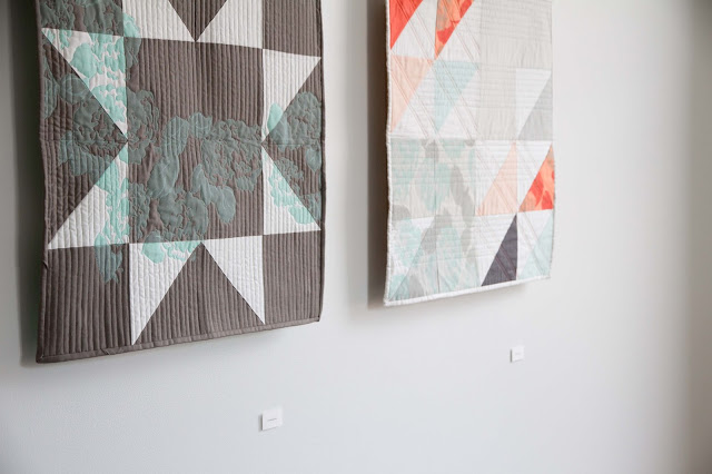 modern and fresh screen-printed quilt in grey, mint, and coral | by Lovely and Enough