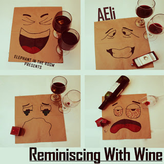 brown paper bag with character faces red wine goblets