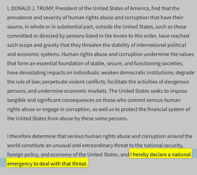 Language from the 12/21/2017 Presidential Executive Order, activating a state of national emergency.