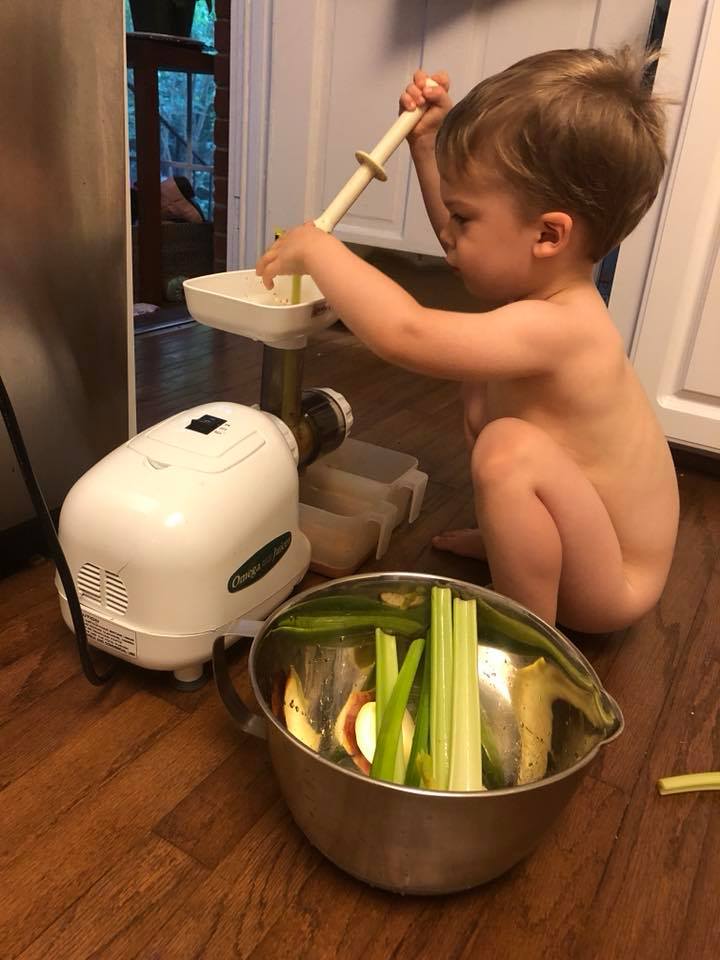 Naked juicing….. I keep my son occupied for a good ten minutes every morning with the juicer (LOVE my Omega juicer, the best!)