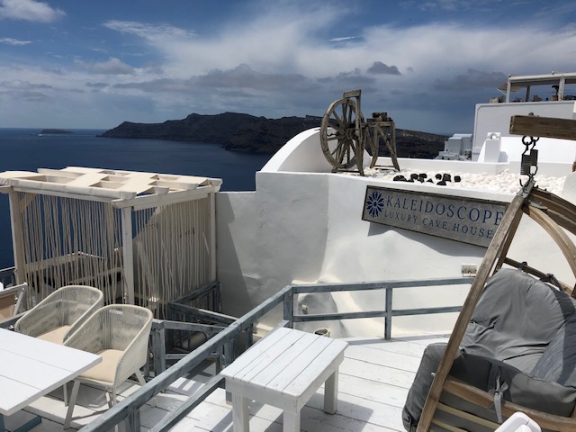 Our space in Santorini - was incredible! (just to the right of the lounger is the main street - if this photo continued to the right there would be tourists just on the other side of the grey lounger…) The hot tub was behind all the hanging rope - such a view!