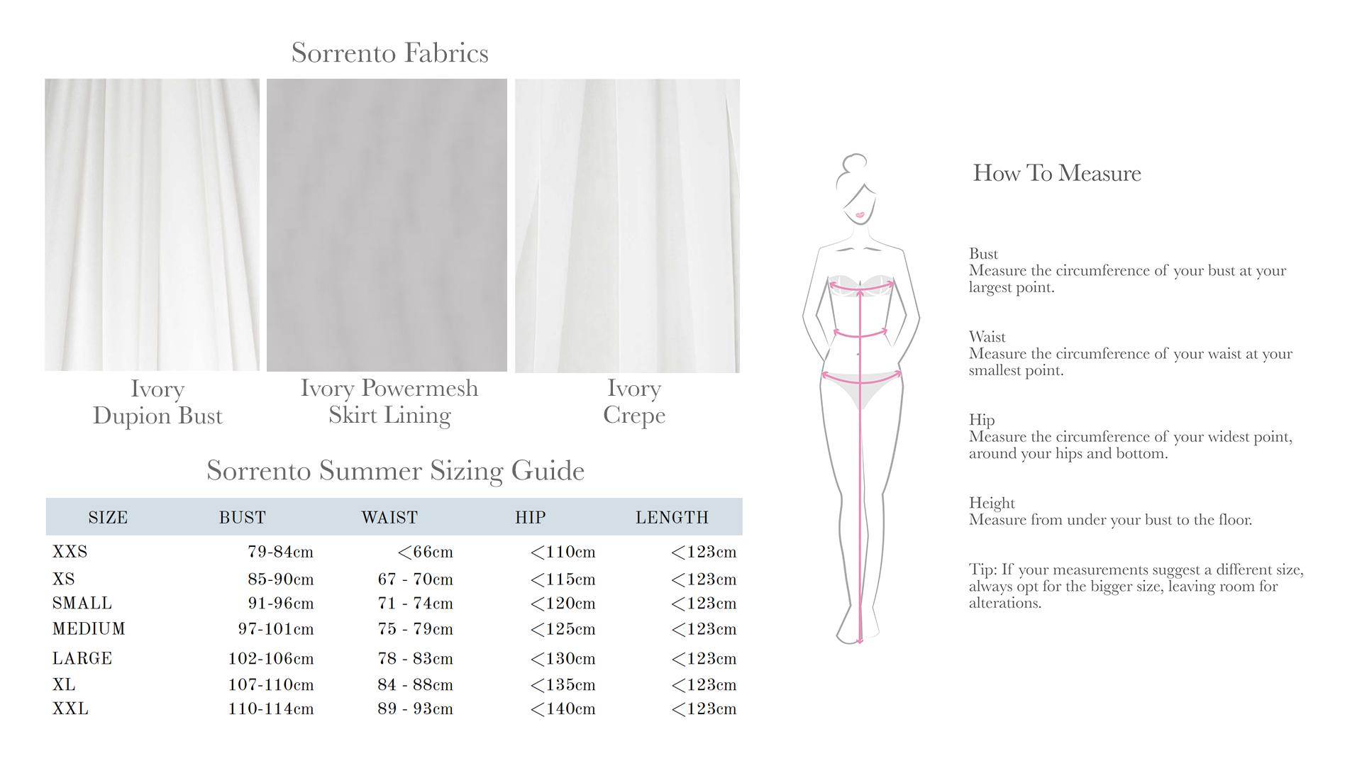 VIEW SORRENTO SUMMER SIZING GUIDE AND FABRICS 