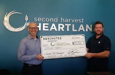 Deschutes Brewery's Derek Johnson (right) presents the donation check to Second Harvest Heartland CEO, Rob Zeaske. 