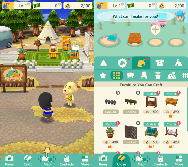 You can craft a variety of items that can be placed in your campsite. This acts as the progression and sense of fulfilment piece of the game. It’s rewarding to spend time to make the campsite look just the way you want it and to see other people send you kudos for the job you’ve done.