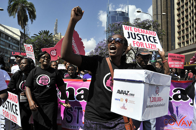 Members of civil society and gender organizations marching in the street of Nairobi on Thursday, October 31, 2013, to protest against rape case unpunished by police. Photo credit: Avaaz
