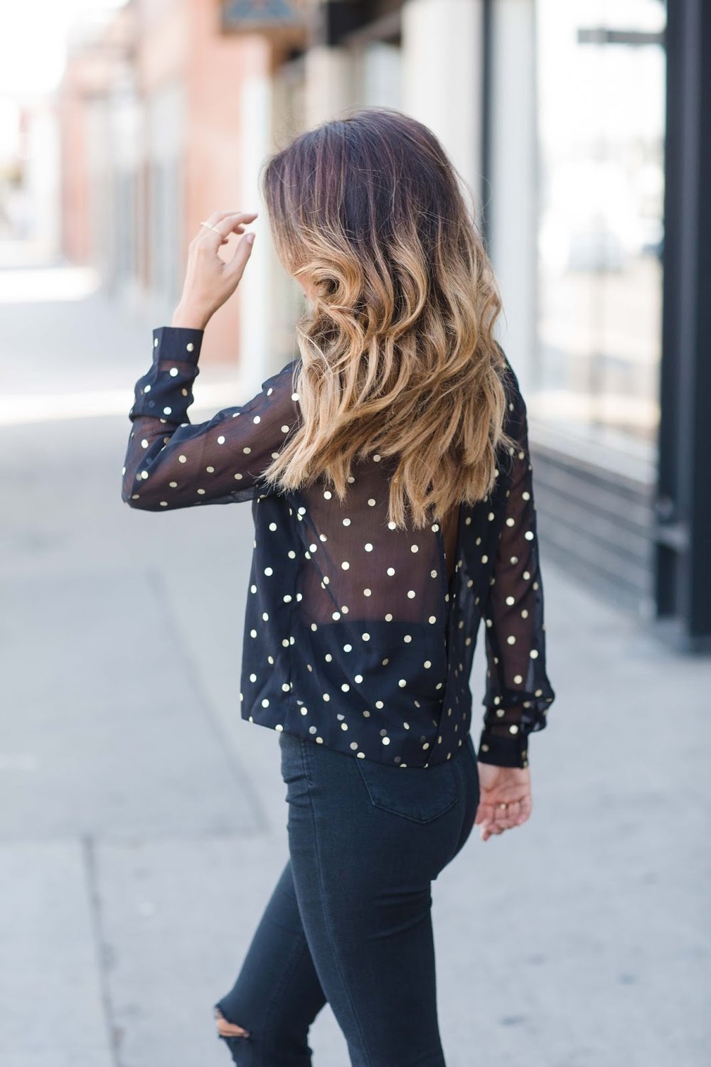 how to wear festive holiday top, holiday outfit ideas, gold polka dot top