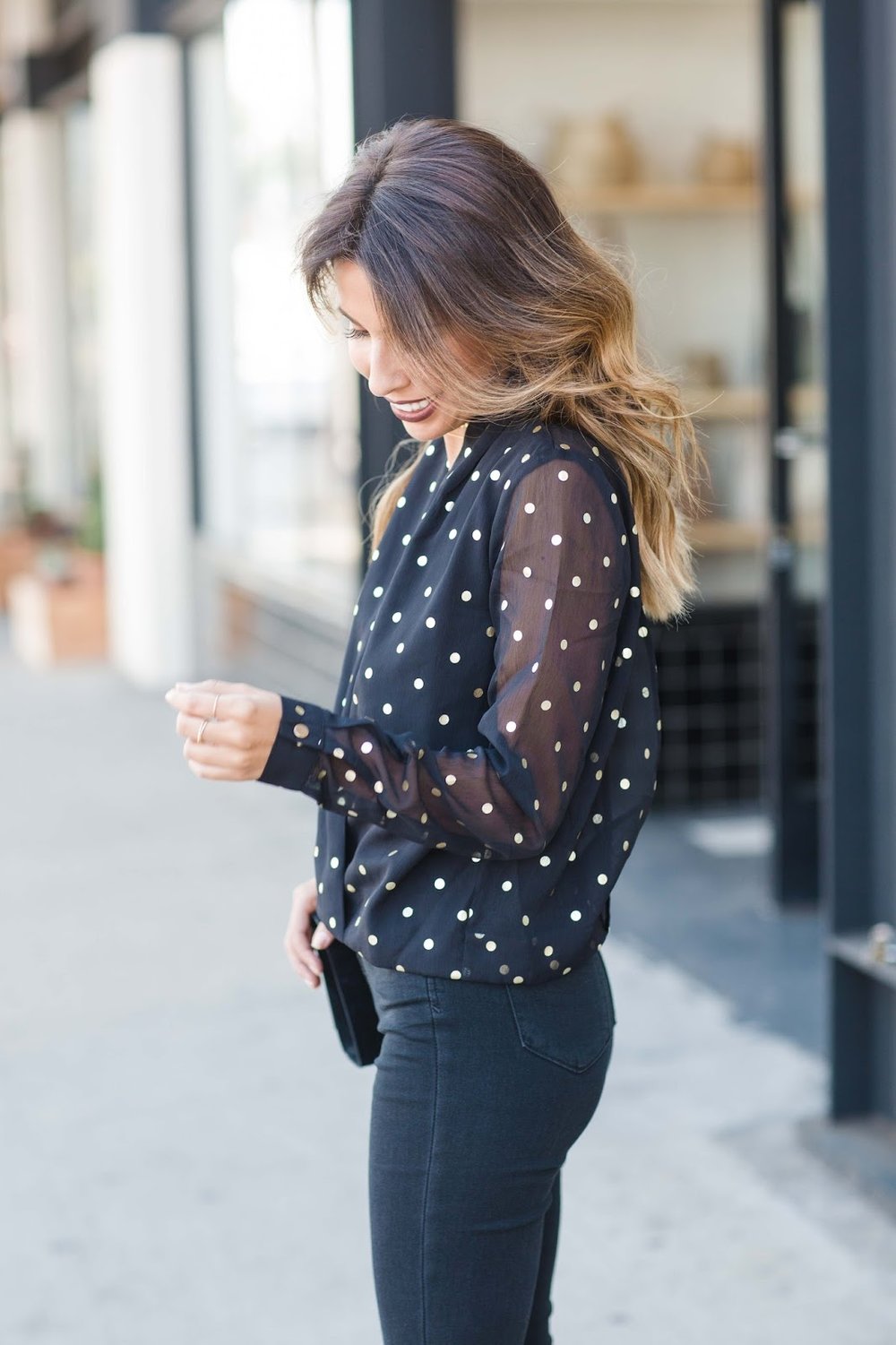 how to wear festive holiday top, holiday outfit ideas, gold polka dot top