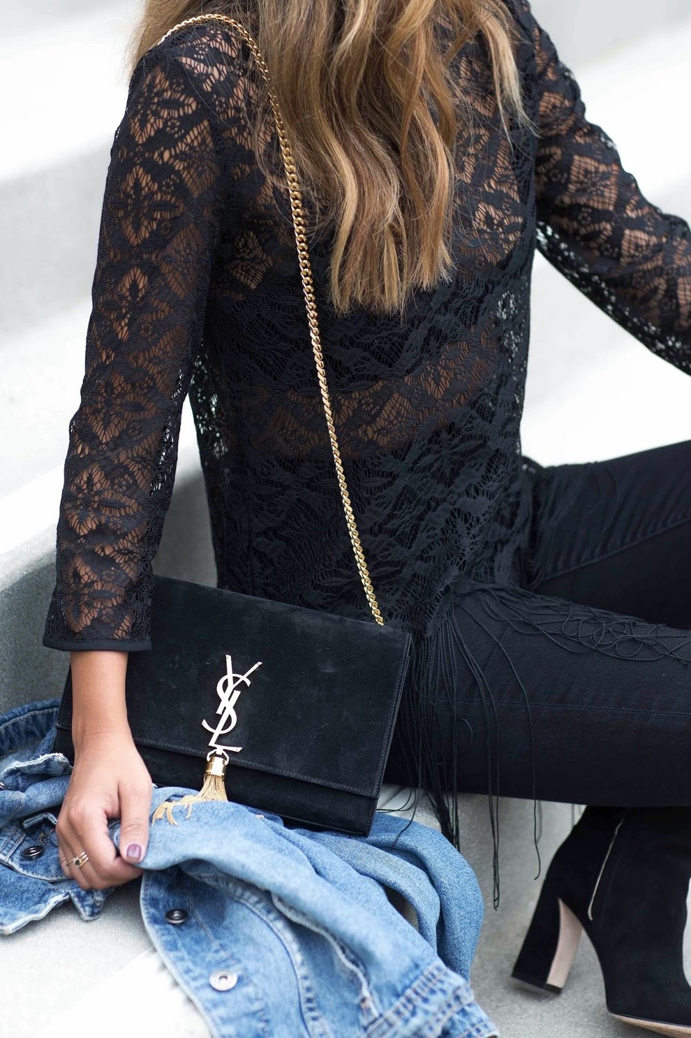 lace top zara, how to wear all black, denim jacket styles, black boot outfit for fall 