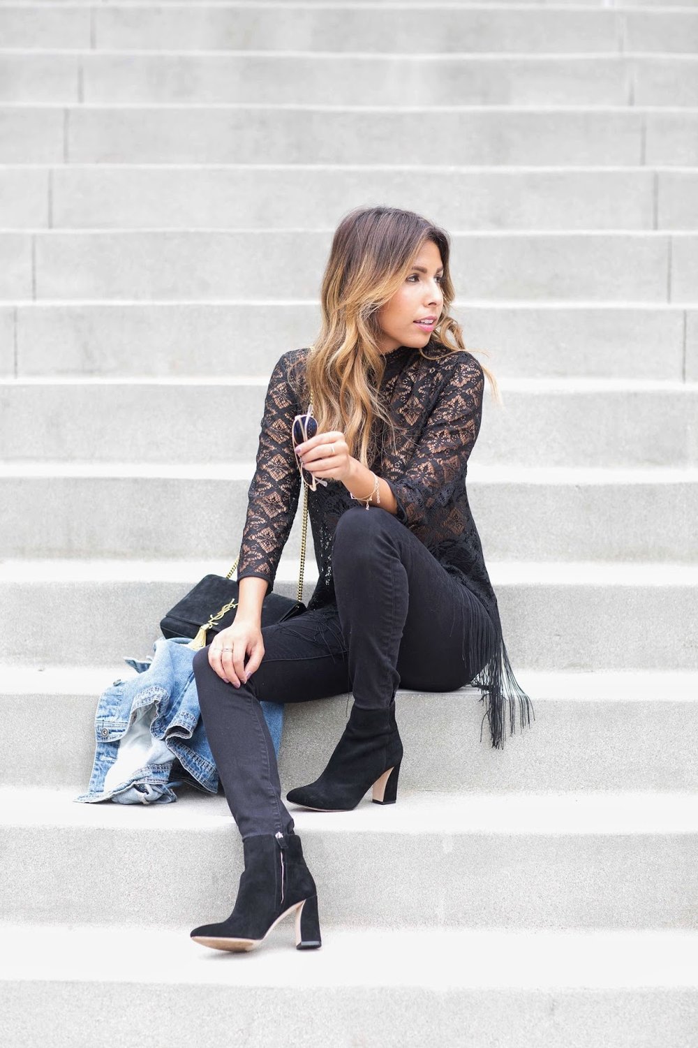 lace top zara, how to wear all black, denim jacket styles, black boot outfit for fall 