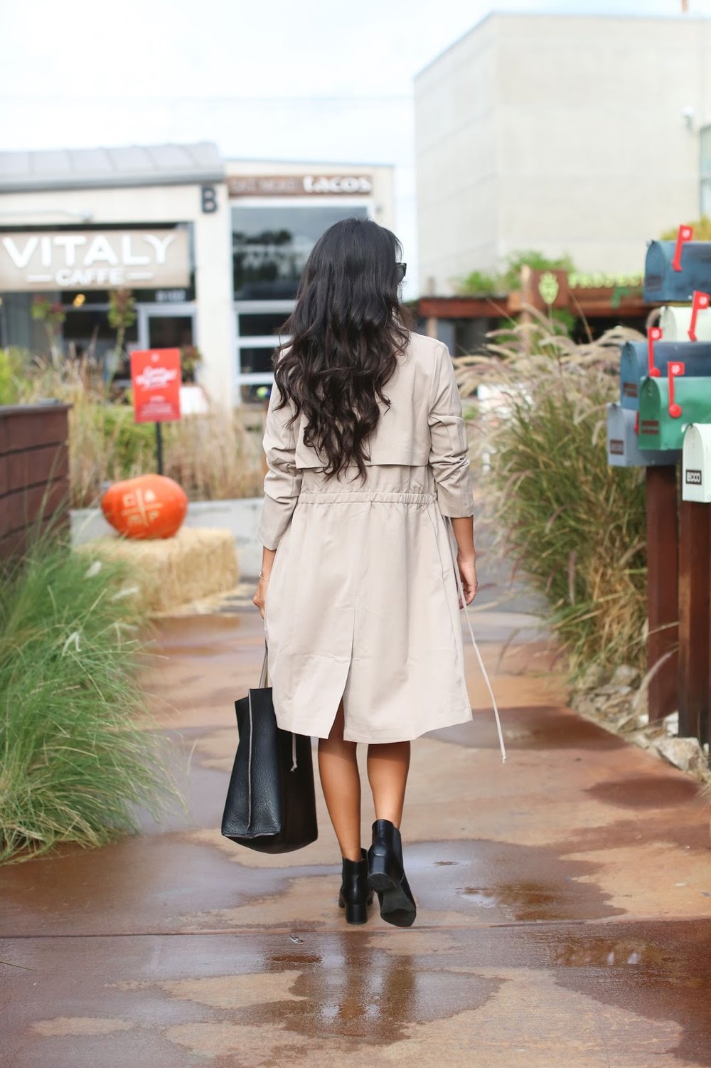 how to wear black booties to work, justfab clothes, trench coat styling