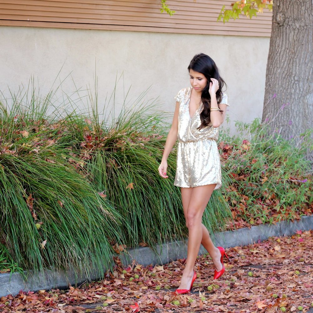 the stylist LA, sequined romper, how to wear a romper, holiday outfit ideas, holiday style, pursuit of shoes