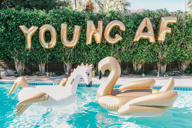 large gold balloons, swan pool floaties, funboy, palm springs birthday party, 30th birthday ideas, how to celebrate your birthday
