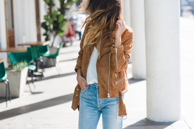 how to style boyfriend jeans, suede moto jacket, casual weekend outfit, pursuit of shoes