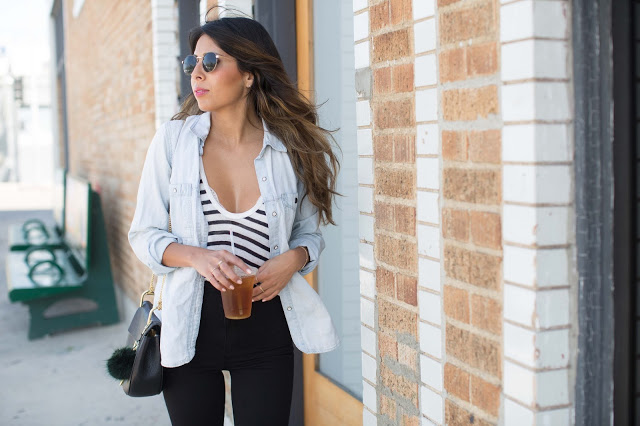 casual venice LA outfit, how to wear chambray shirt, how to wear high-waisted jeans