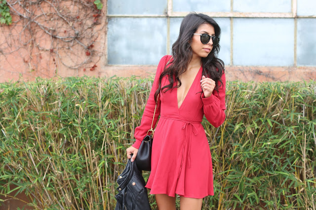 holiday reformation dress, how to wear black booties, leather jacket and dress outfit