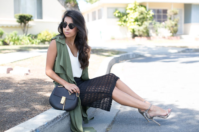 how to wear long vest, olive duster, see through skirt outfit, pursuit of shoes