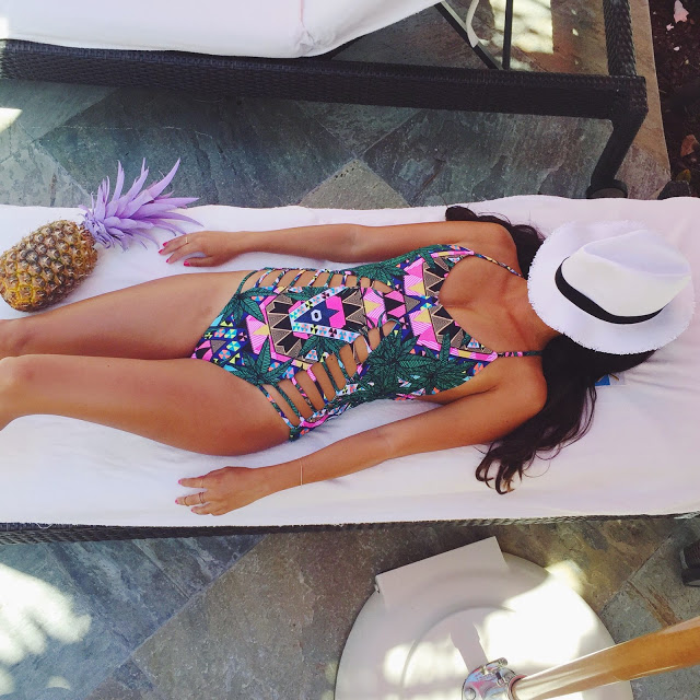 Cut-out swim suit, Mara Hoffman One- Piece Swimsuit, painted pineapples, Miami Beach Outfit