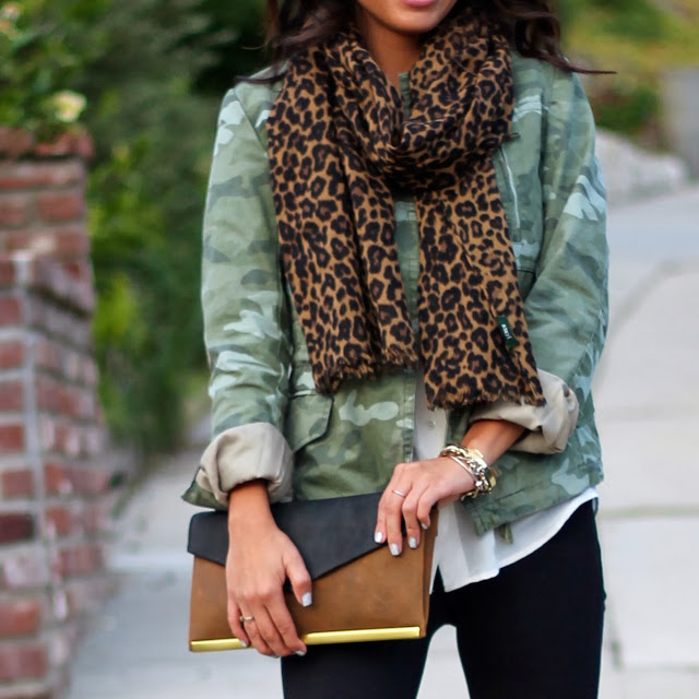 gap camo jacket madewell clutch leopard scarf