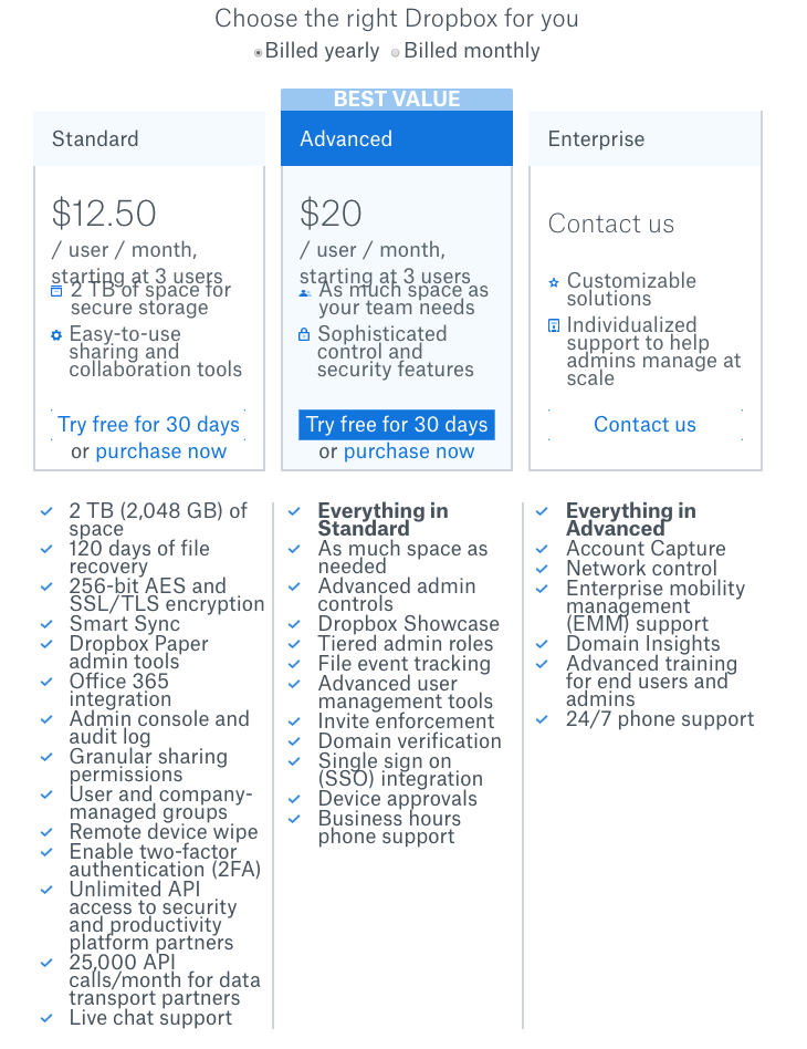 Dropbox pricing page June 10 2018