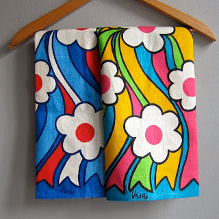 1960s 70s kitchen towels in groovy flower and mushroom prints