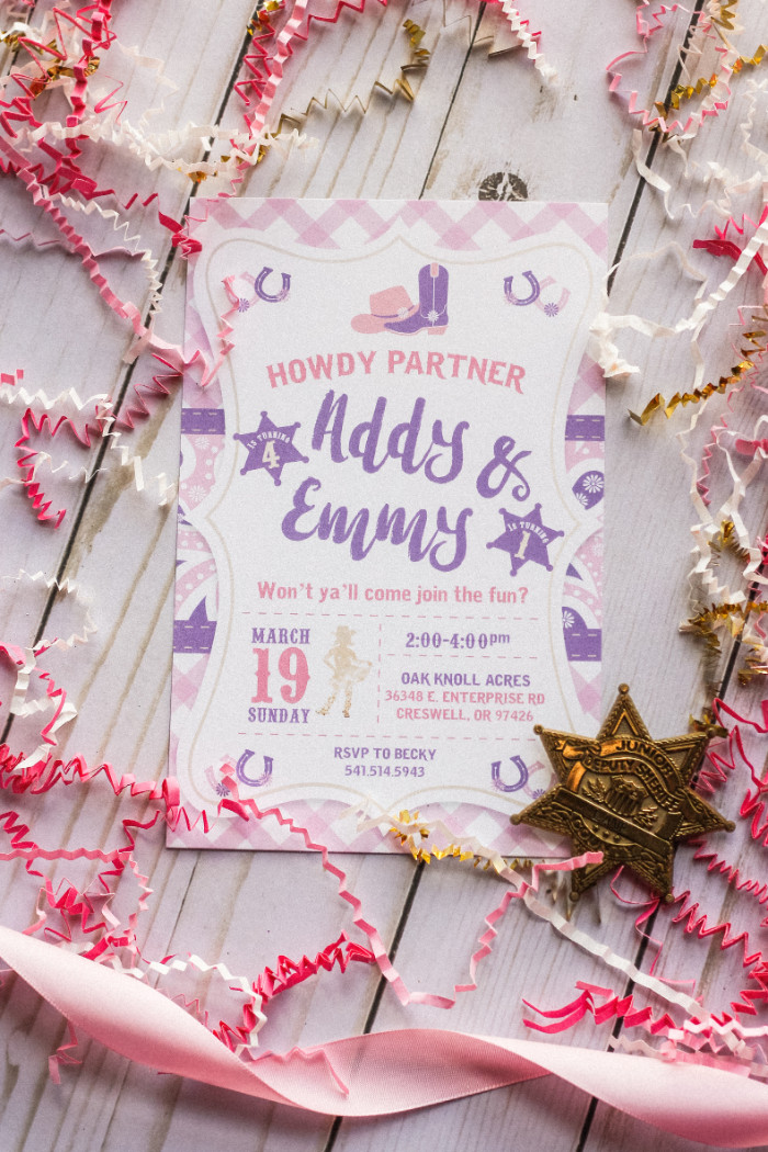 pink and purple cowgirl party birthday invitation