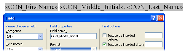 Middle Initial merge field editing
